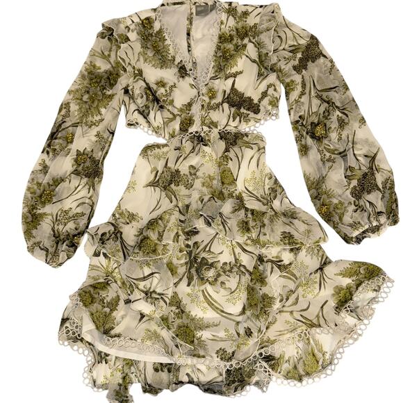 Asos Floral Cluster Embellished Long Sleeve Cut Out Ruffled Mini Dress Size 6 - Picture 5 of 15